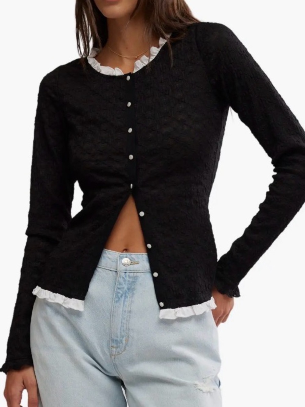 Free People Ladybird Black Ruffle-Trim Button Cardigan Top